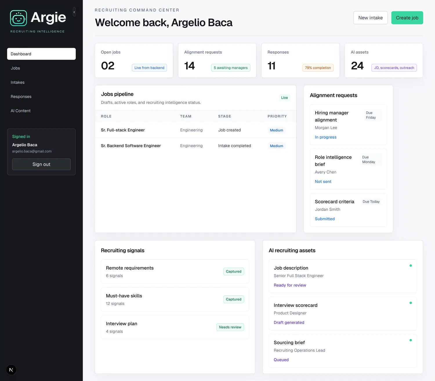 Argie recruiting command center dashboard